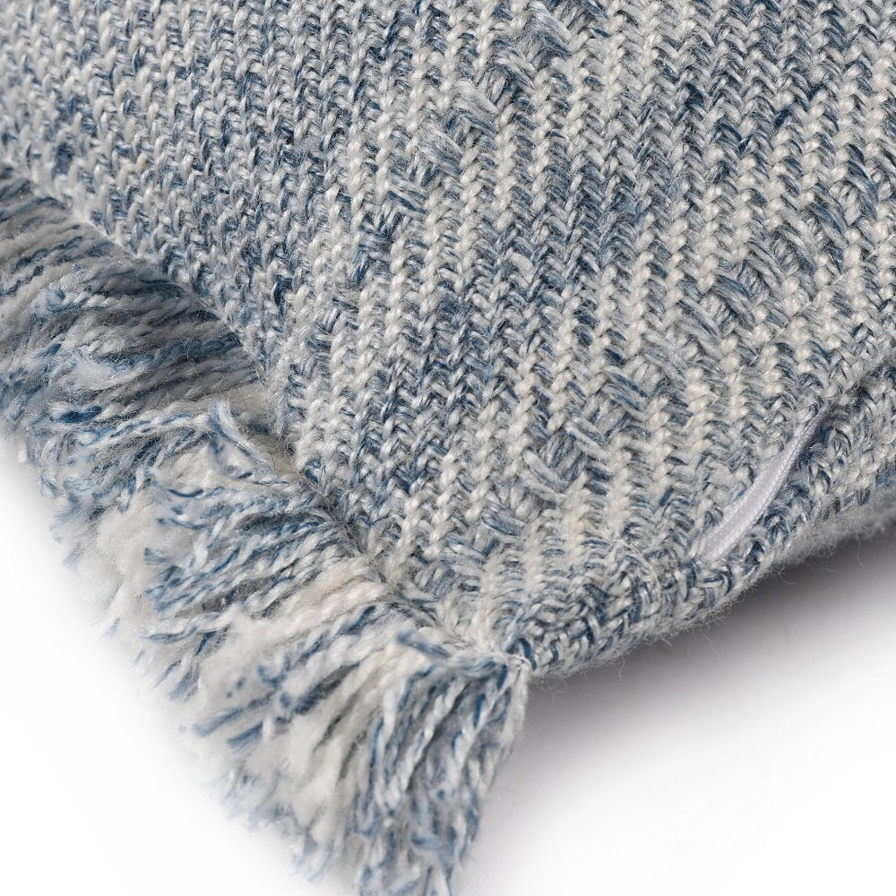 20" Gray And Ivory Striped Throw Pillow Cover with Fringe