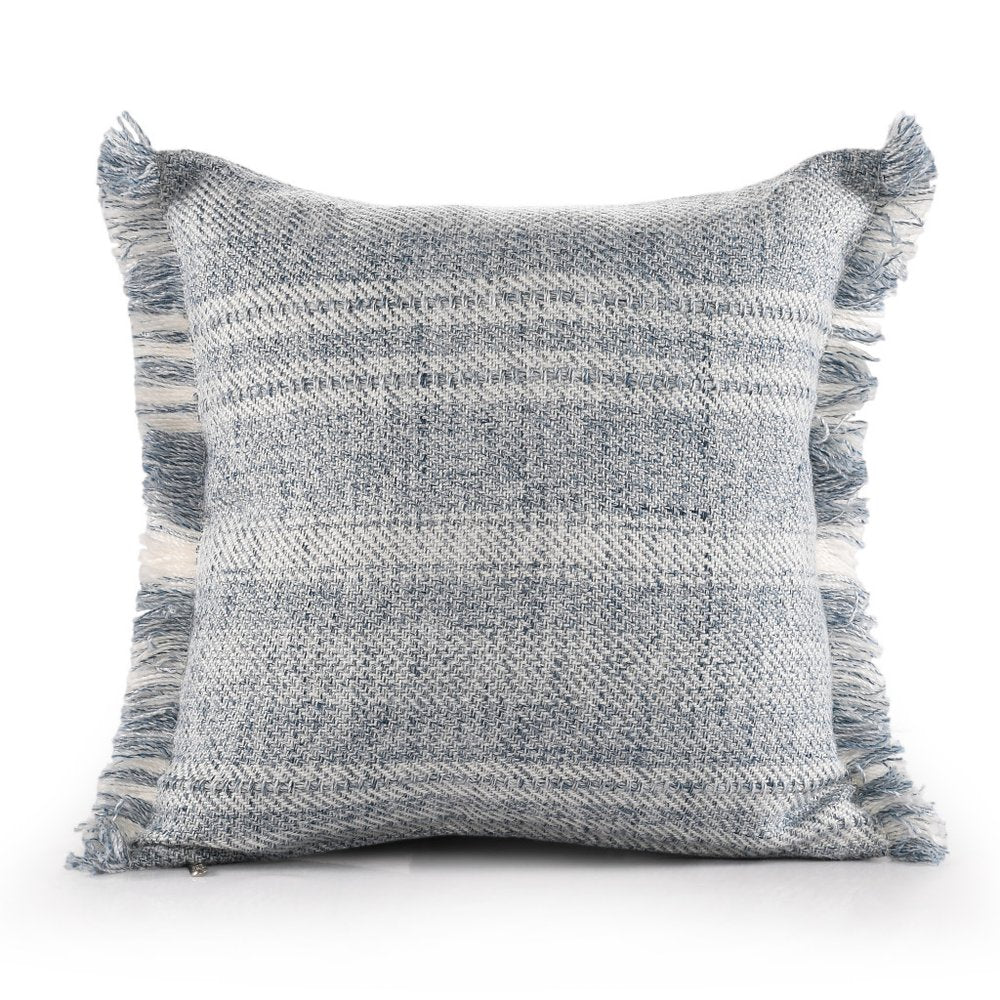 20" Gray And Ivory Striped Throw Pillow Cover with Fringe