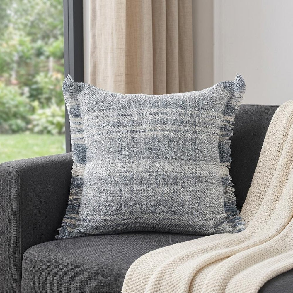 20" Gray And Ivory Striped Throw Pillow Cover with Fringe