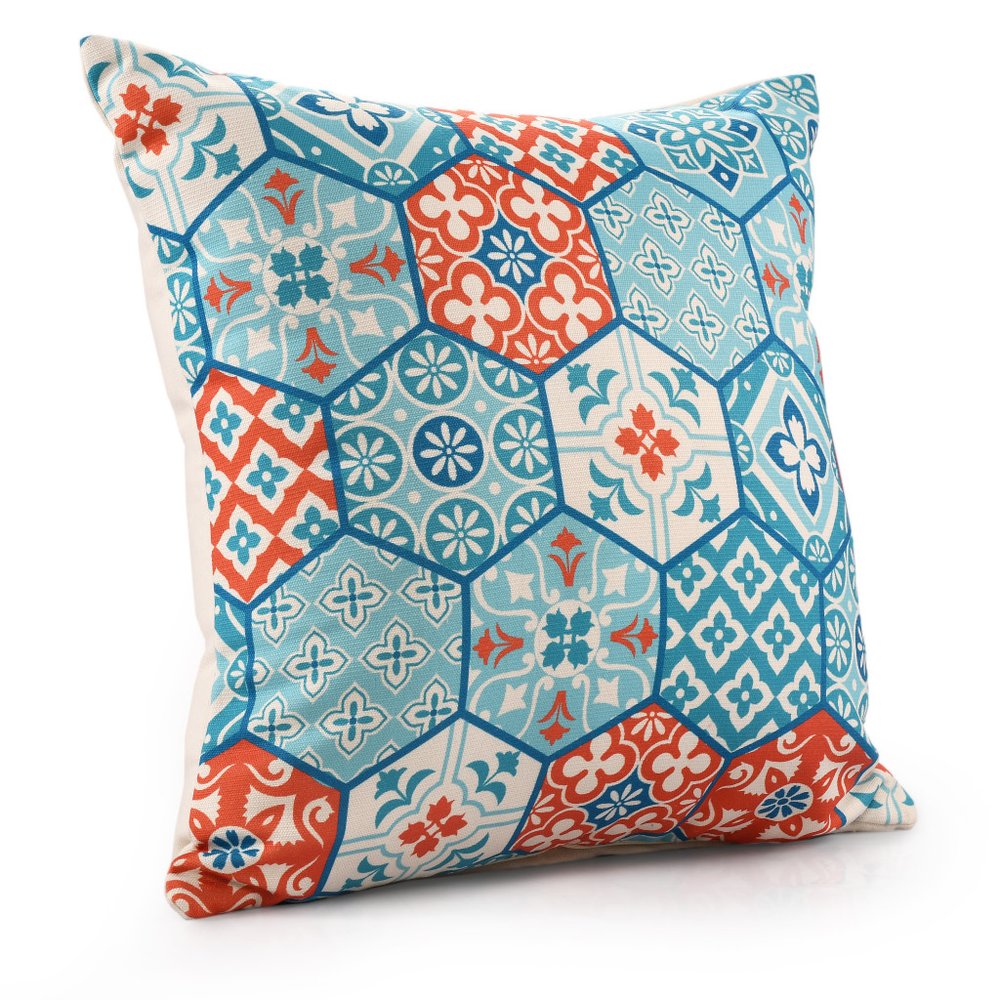 20" Blue And Orange Patchwork Throw Pillow Cover