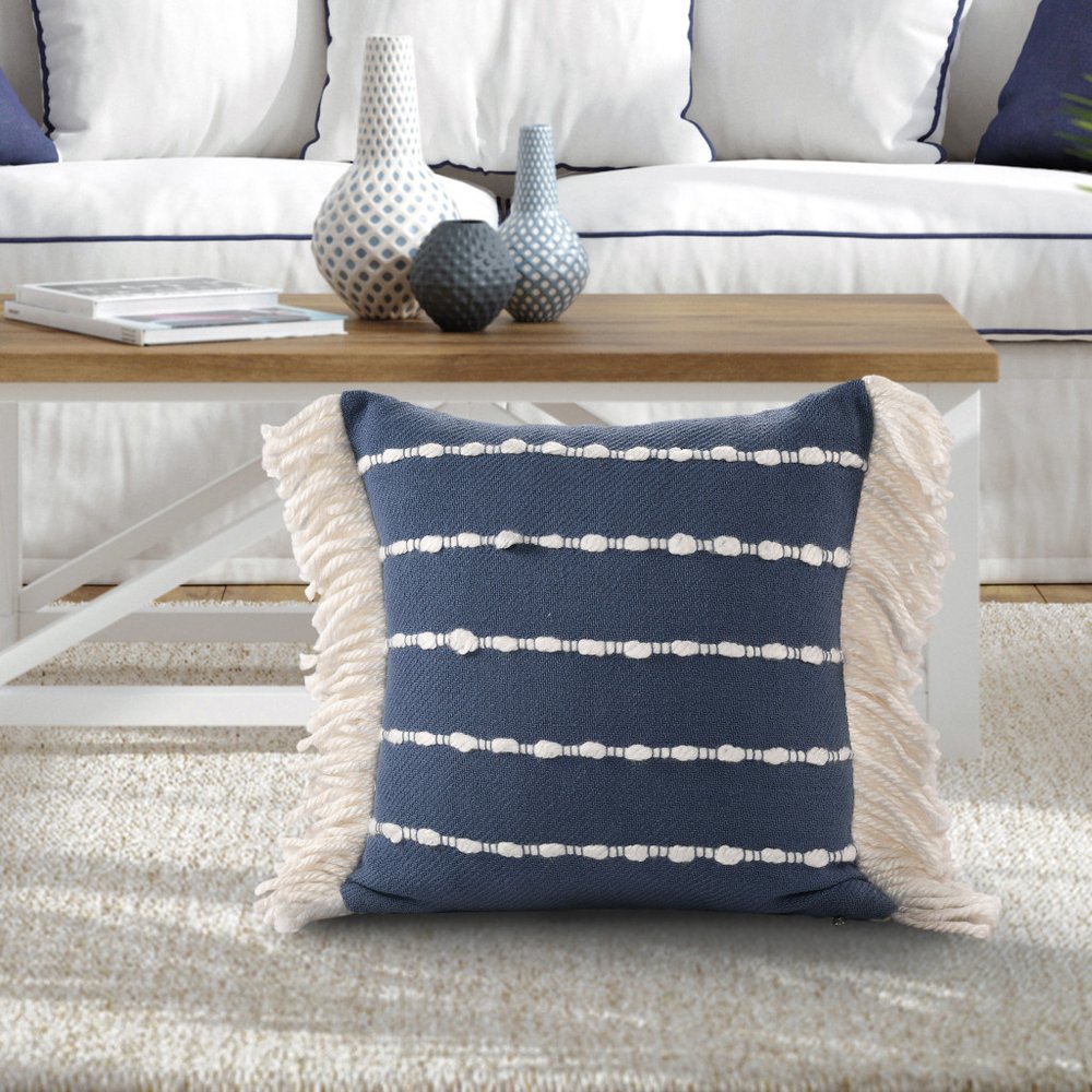 20" Navy Blue And Ivory Striped Cotton Blend Throw Pillow Cover