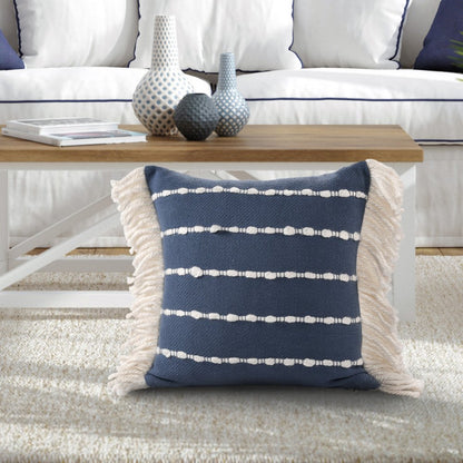 20" Navy Blue And Ivory Striped Cotton Blend Throw Pillow Cover