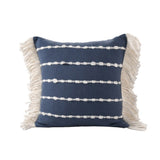 20" Blue And Ivory Striped Cotton Blend Throw Pillow Cover with Fringe Embroidery And Texture