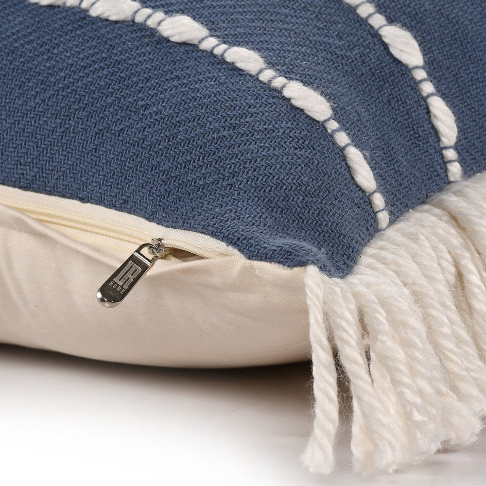 20" Blue And Ivory Striped Cotton Blend Throw Pillow Cover with Fringe Embroidery And Texture
