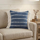 20" Blue And Ivory Striped Cotton Blend Throw Pillow Cover with Fringe Embroidery And Texture