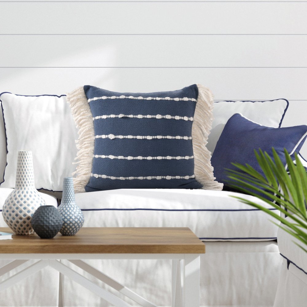 20" Navy Blue And Ivory Striped Cotton Blend Throw Pillow Cover