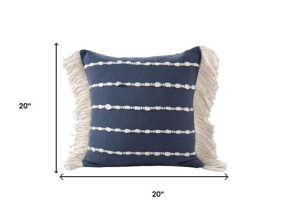 20" Blue And Ivory Striped Cotton Blend Throw Pillow Cover with Fringe Embroidery And Texture