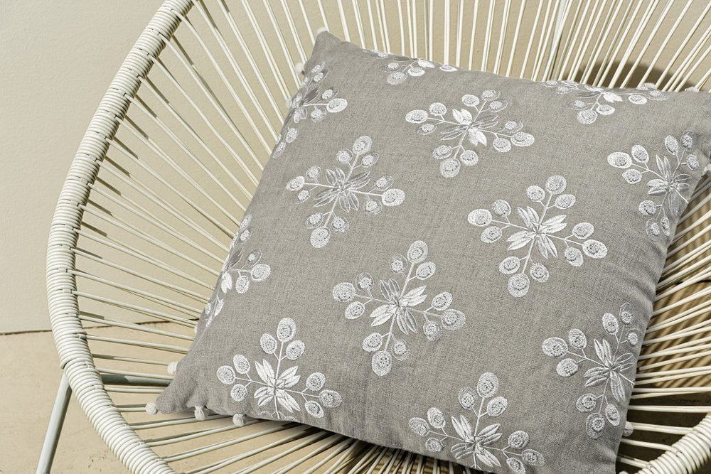 20" Beige And Ivory Floral Linen Throw Pillow Cover with Pompoms