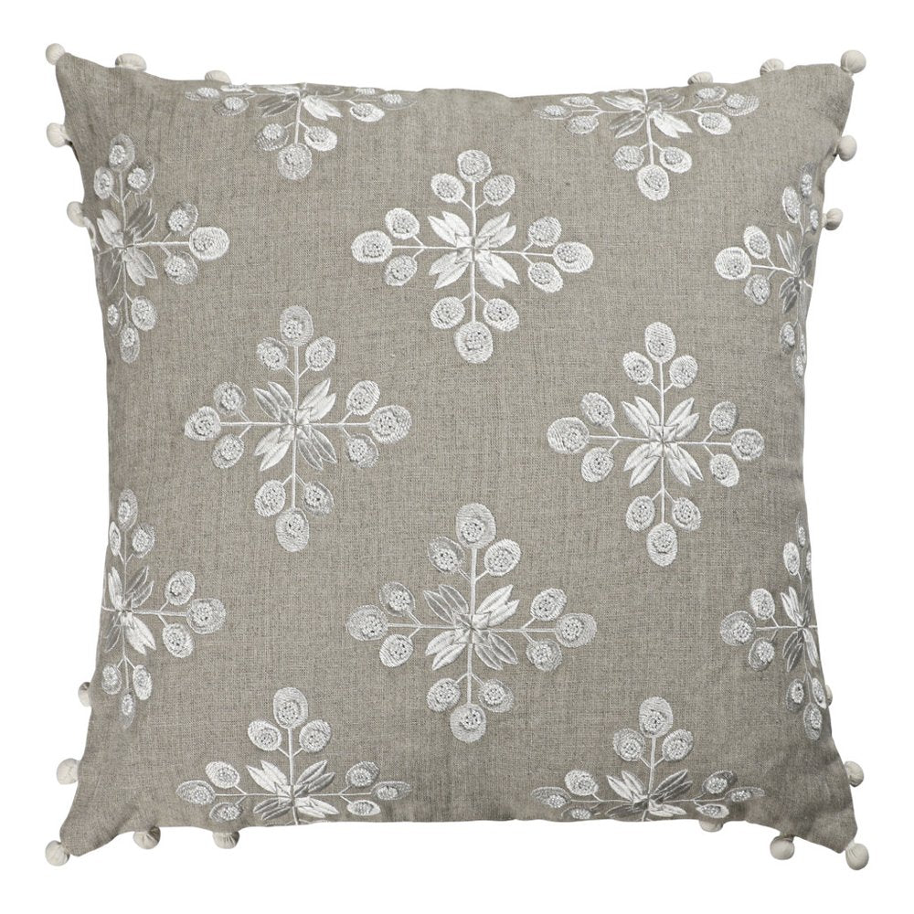 20" Beige And Ivory Floral Linen Throw Pillow Cover with Pompoms