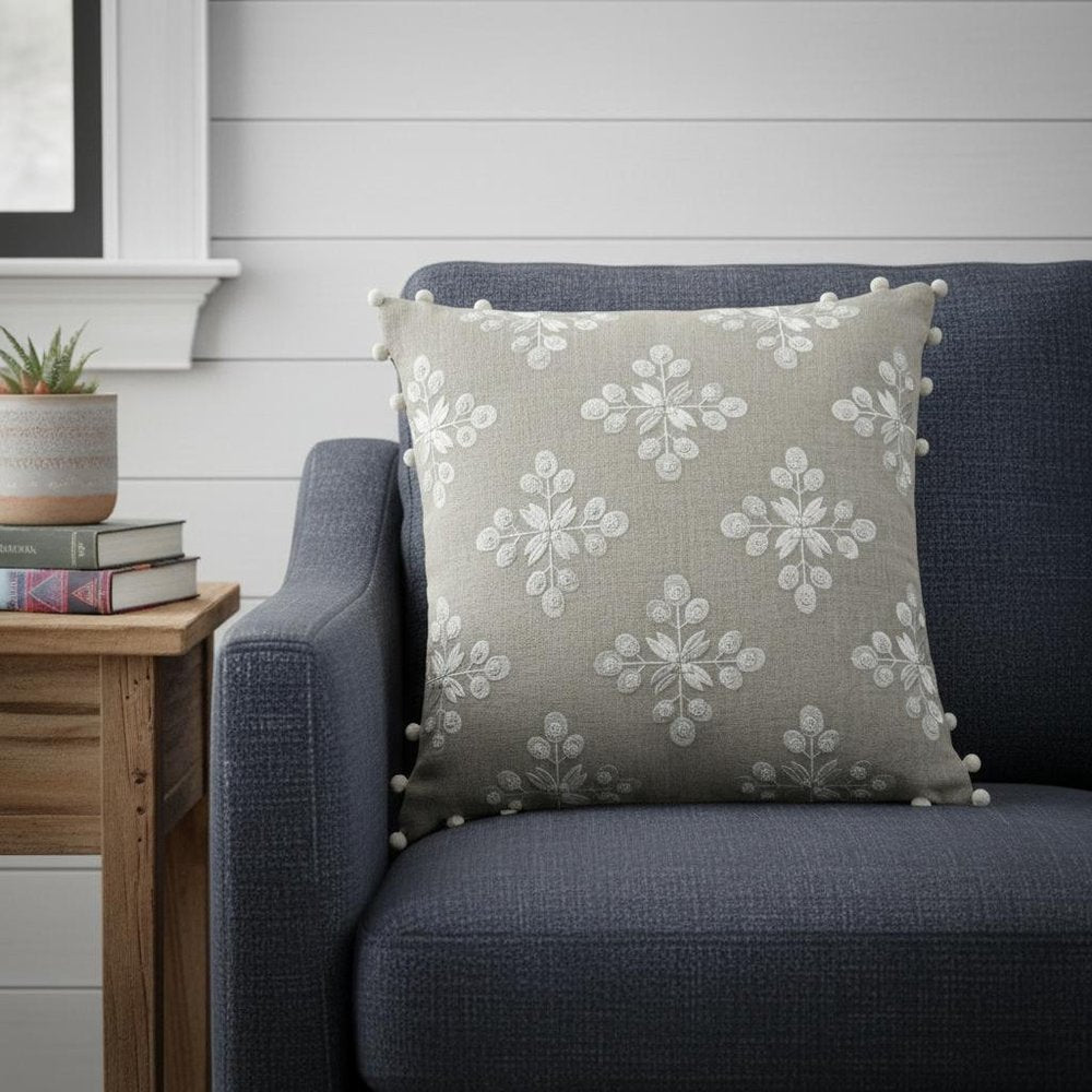 20" Beige And Ivory Floral Linen Throw Pillow Cover with Pompoms