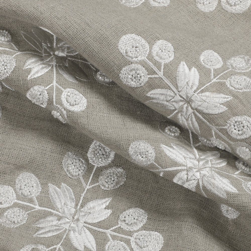 20" Beige And Ivory Floral Linen Throw Pillow Cover with Pompoms