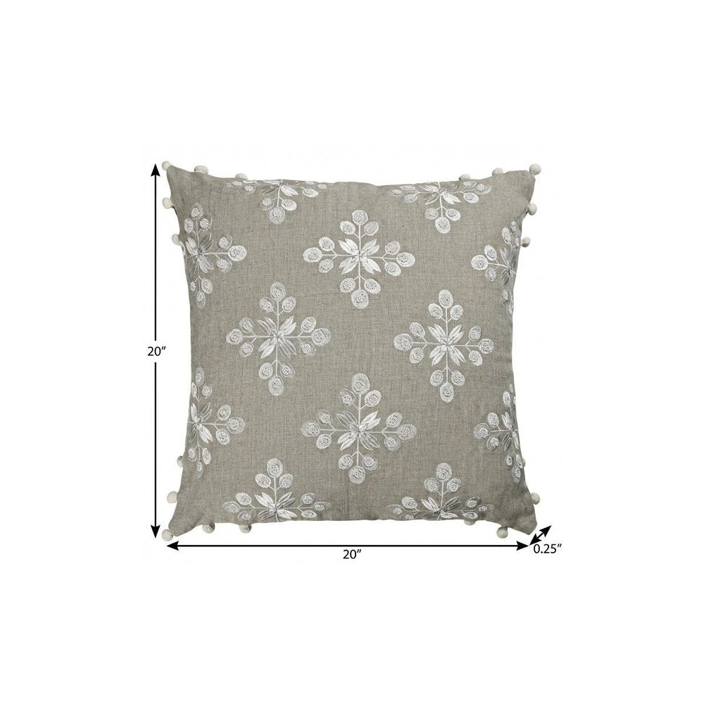 20" Beige And Ivory Floral Linen Throw Pillow Cover with Pompoms