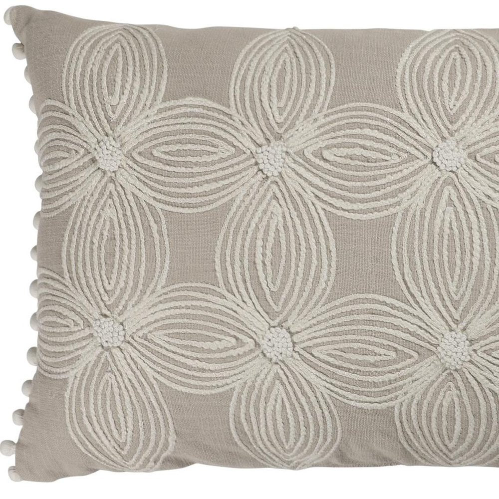16" X 24" Taupe And Ivory Lumbar Floral Cotton Throw Pillow Cover