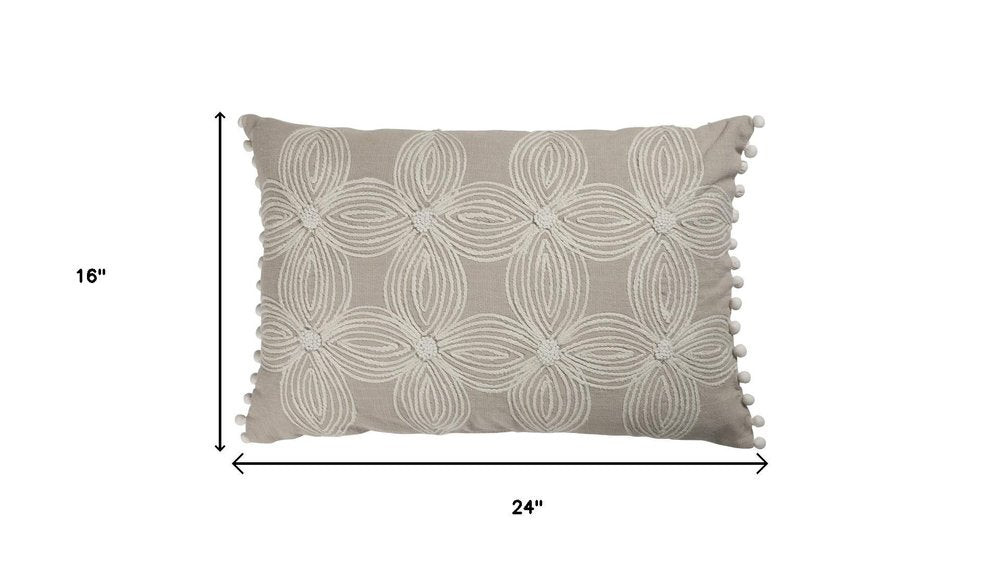 16" X 24" Beige And Ivory Lumbar Floral Cotton Throw Pillow Cover with Pompoms