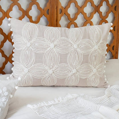 16" X 24" Taupe And Ivory Lumbar Floral Cotton Throw Pillow Cover