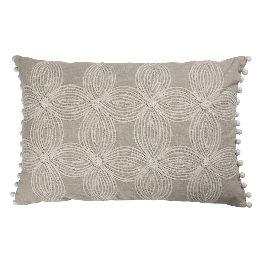 16" X 24" Beige And Ivory Lumbar Floral Cotton Throw Pillow Cover with Pompoms