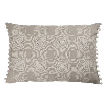 16" X 24" Beige And Ivory Lumbar Floral Cotton Throw Pillow Cover with Pompoms