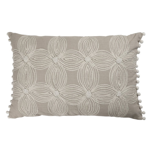 16" X 24" Beige And Ivory Lumbar Floral Cotton Throw Pillow Cover with Pompoms