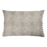 16" X 24" Beige And Ivory Lumbar Floral Cotton Throw Pillow Cover with Pompoms