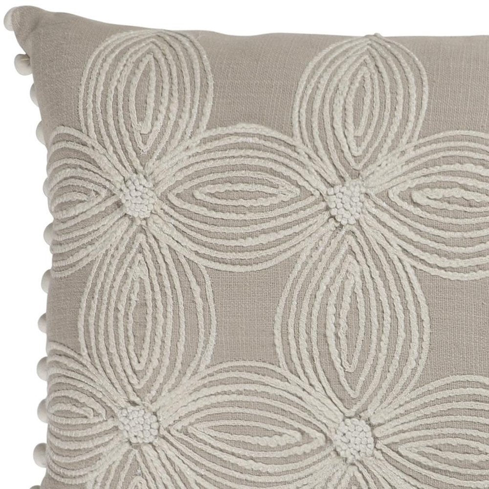 16" X 24" Beige And Ivory Lumbar Floral Cotton Throw Pillow Cover with Pompoms