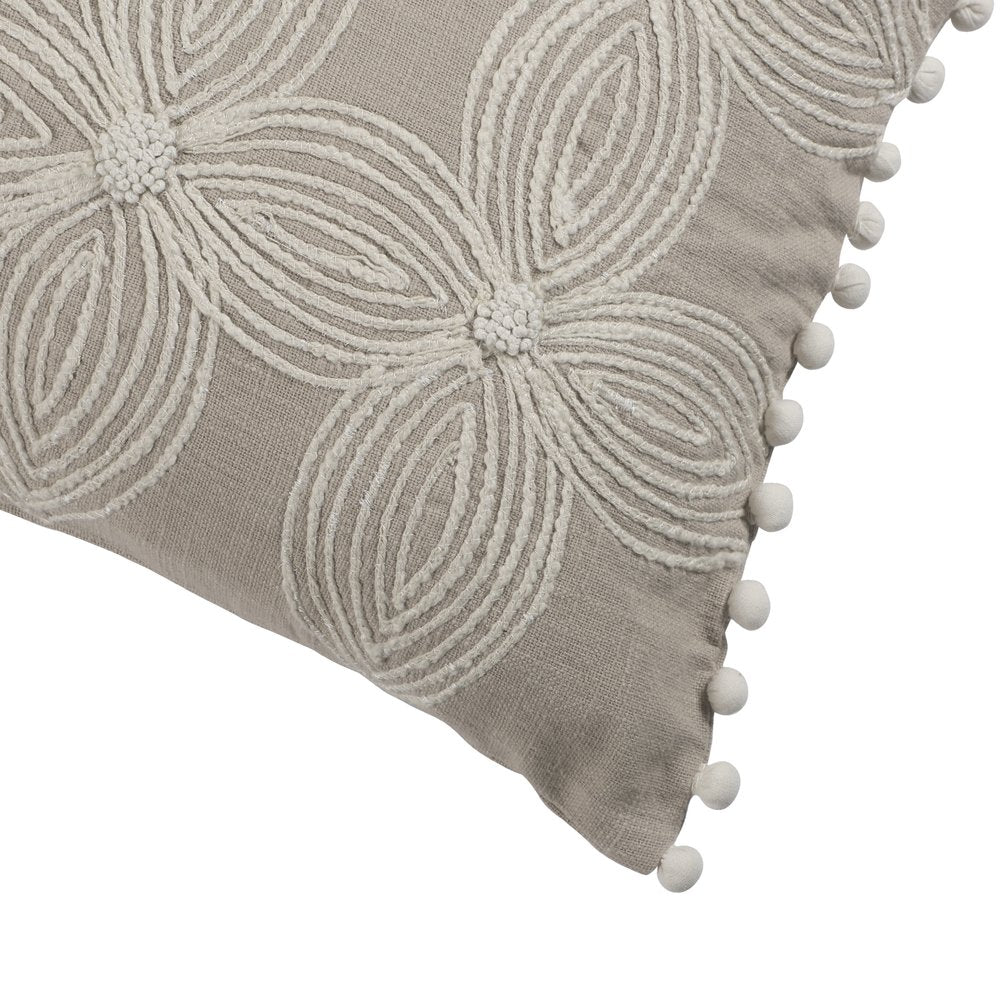 16" X 24" Beige And Ivory Lumbar Floral Cotton Throw Pillow Cover with Pompoms