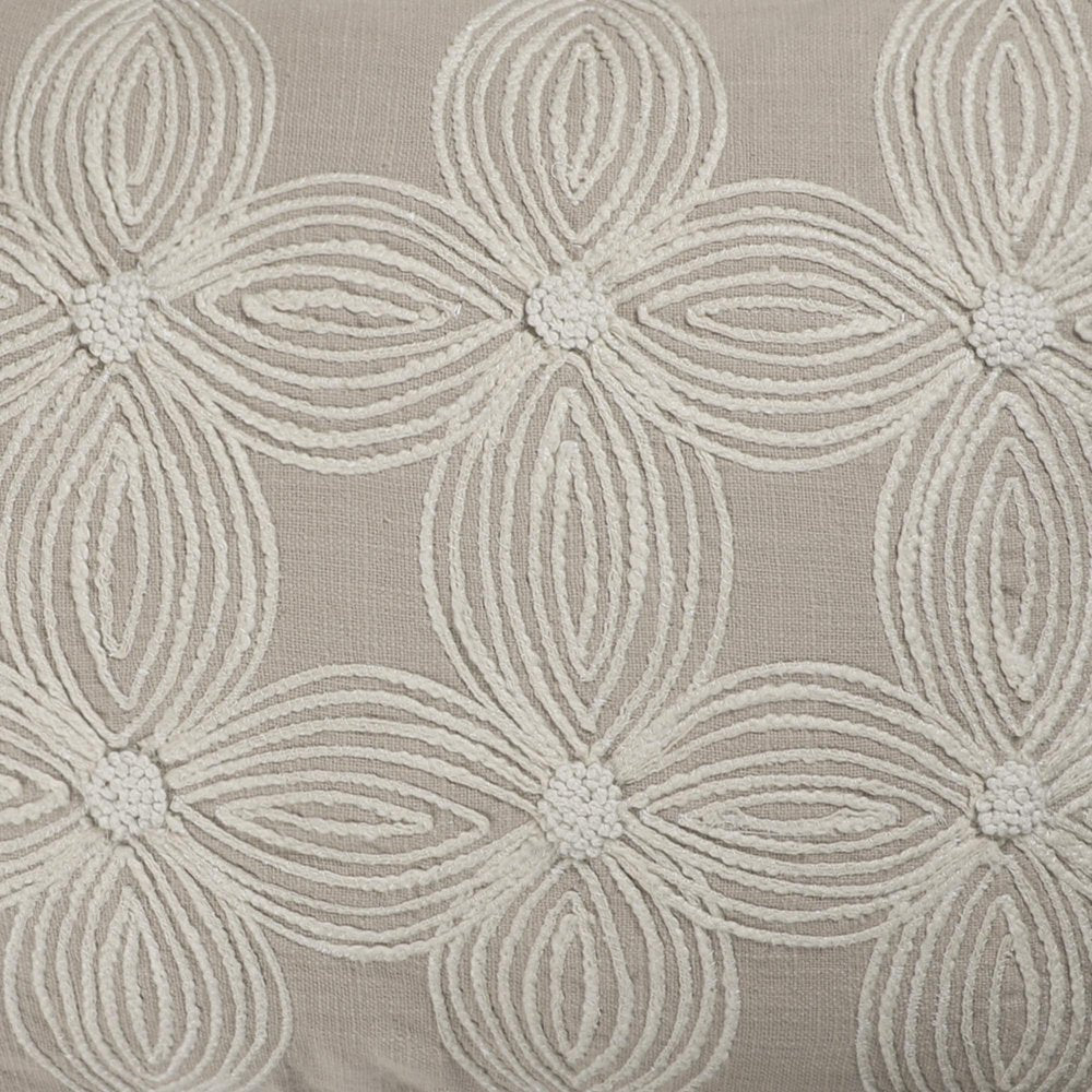 16" X 24" Beige And Ivory Lumbar Floral Cotton Throw Pillow Cover with Pompoms