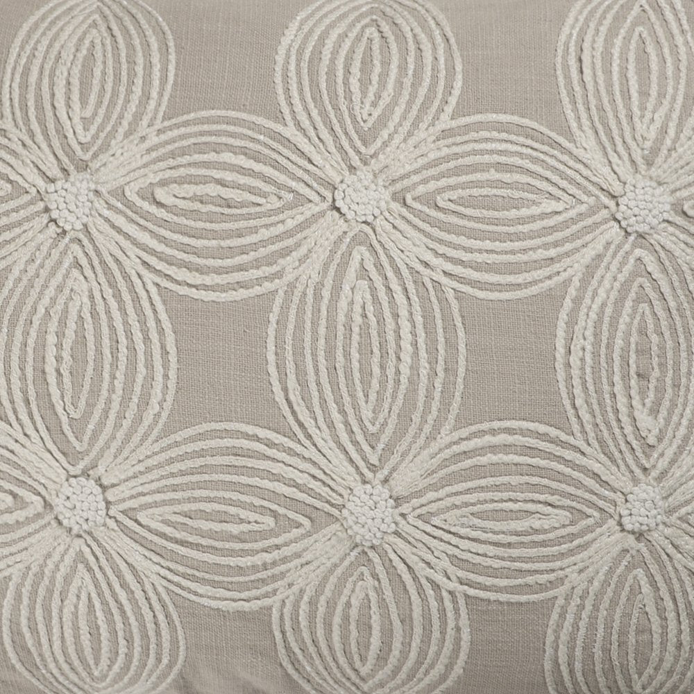 16" X 24" Beige And Ivory Lumbar Floral Cotton Throw Pillow Cover with Pompoms
