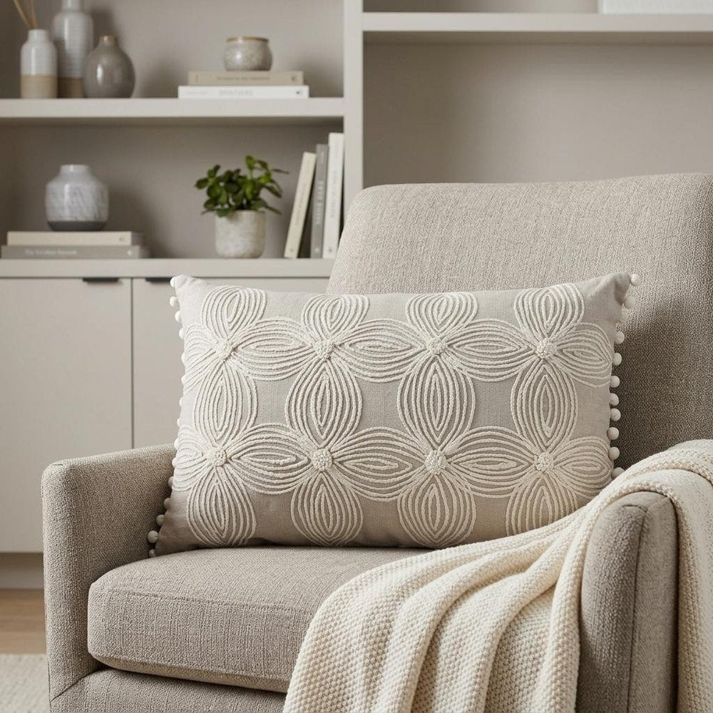16" X 24" Beige And Ivory Lumbar Floral Cotton Throw Pillow Cover with Pompoms