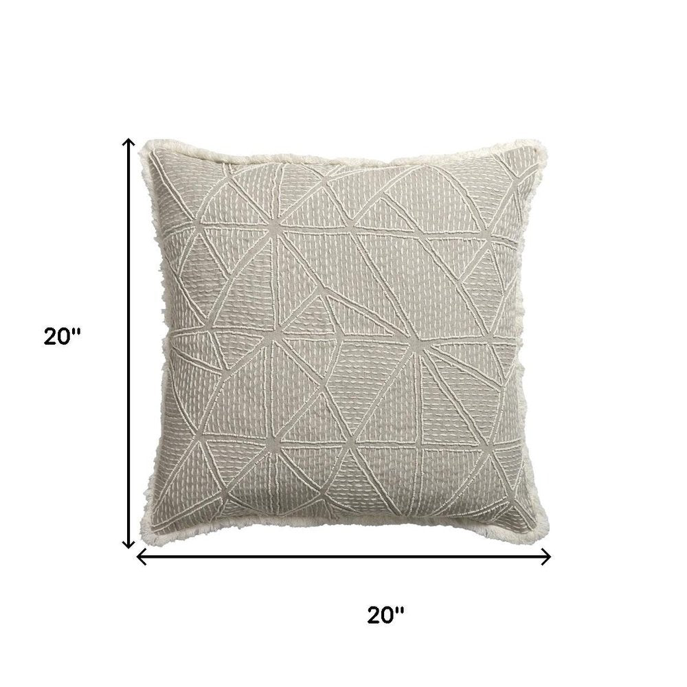 20" Ivory And Gray Geometric Linen Throw Pillow Cover with Fringe Embroidery And Texture