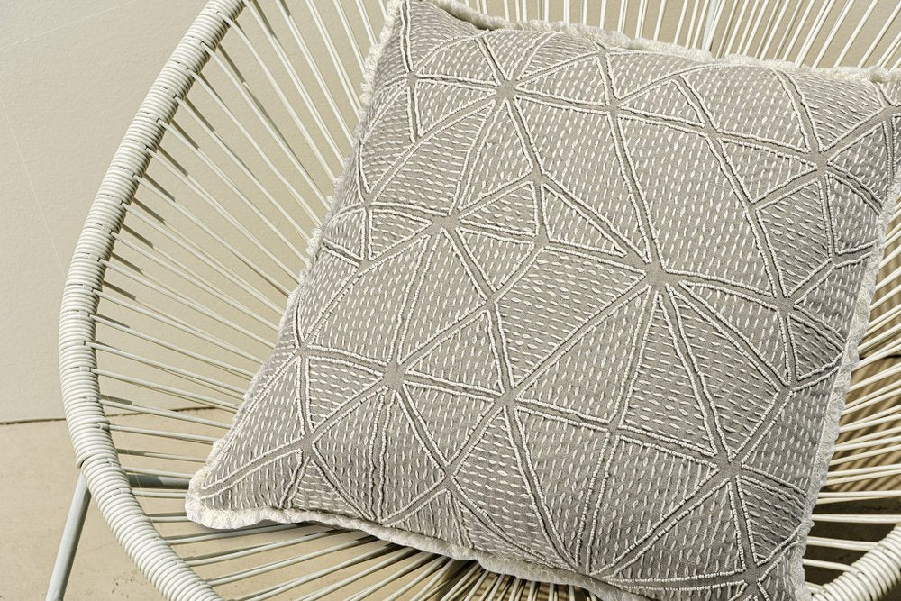20" Ivory And Gray Geometric Linen Throw Pillow Cover with Fringe Embroidery And Texture