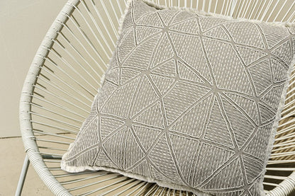 20" Ivory And Gray Geometric Linen Throw Pillow Cover with Fringe Embroidery And Texture
