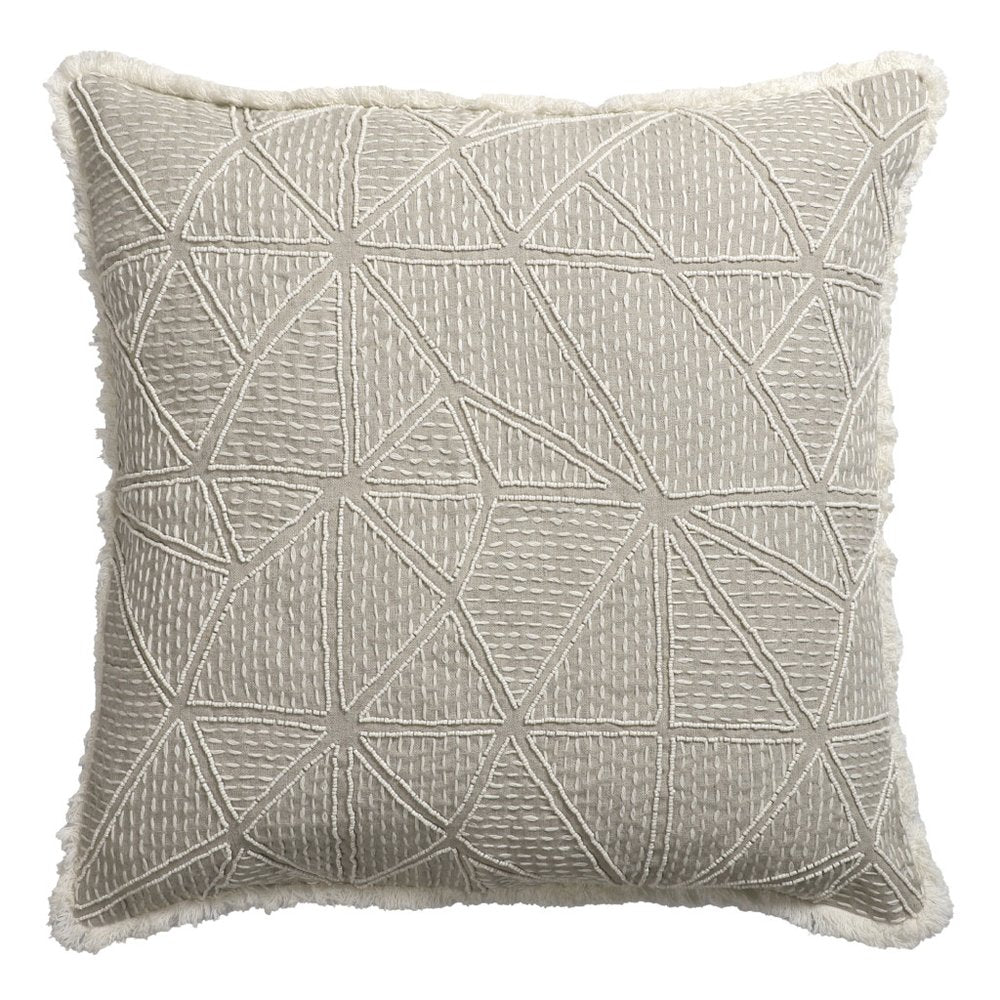 20" Ivory And Gray Geometric Linen Throw Pillow Cover with Fringe Embroidery And Texture