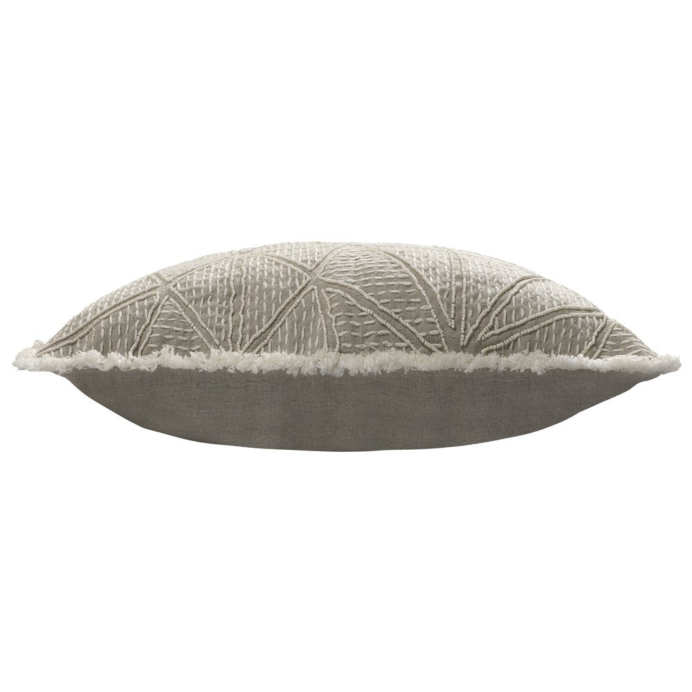 20" Ivory And Gray Geometric Linen Throw Pillow Cover with Fringe Embroidery And Texture