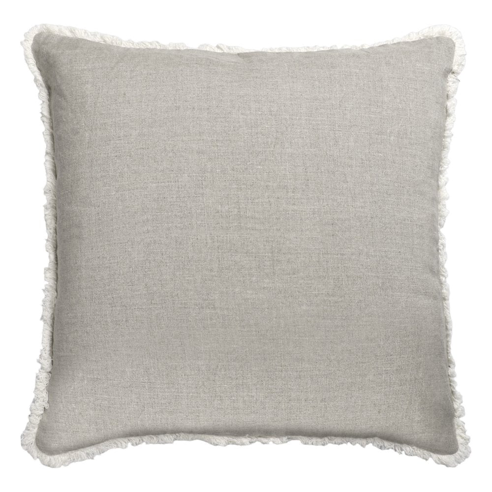 20" Ivory And Gray Geometric Linen Throw Pillow Cover with Fringe Embroidery And Texture