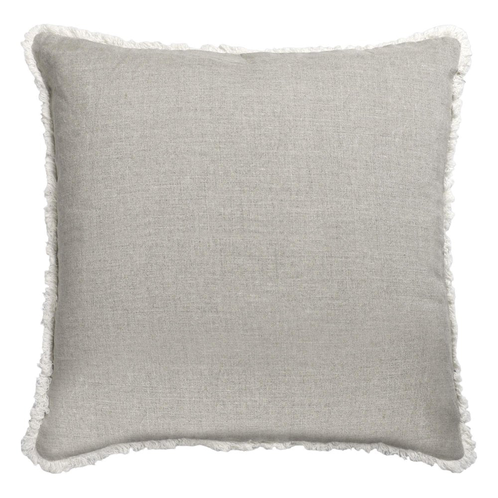 20" Ivory And Gray Geometric Linen Throw Pillow Cover with Fringe Embroidery And Texture