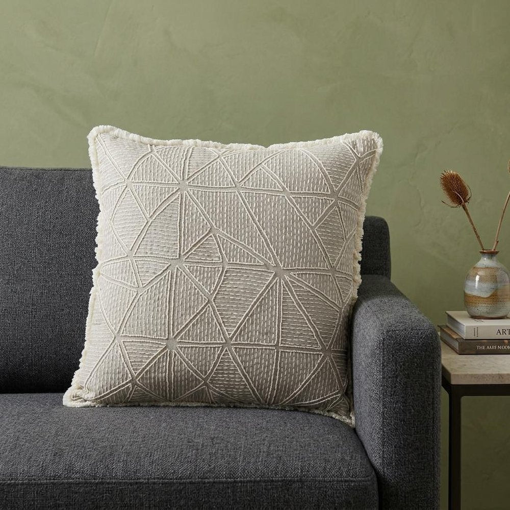 20" Ivory And Gray Geometric Linen Throw Pillow Cover with Fringe Embroidery And Texture