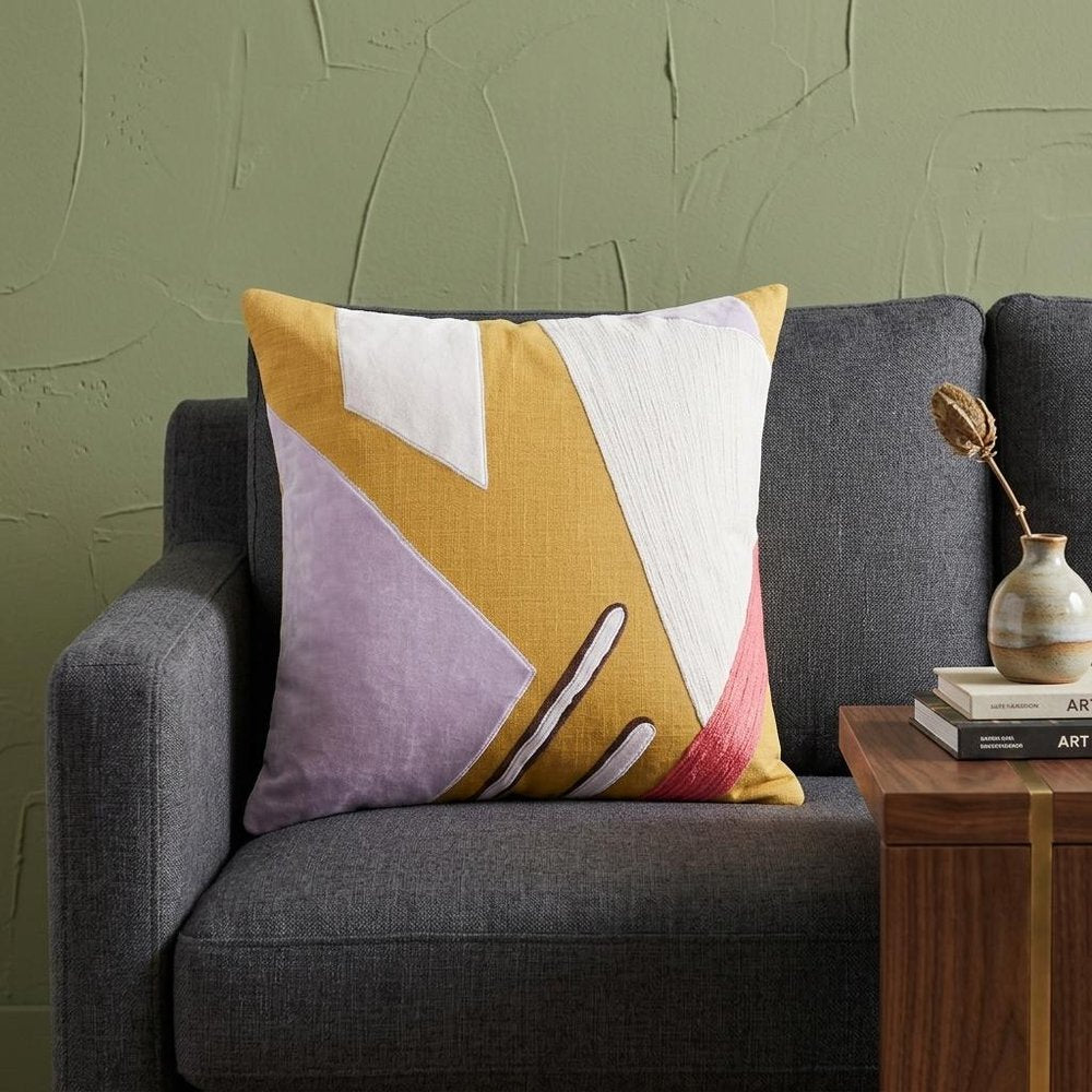20" Ochre Lilac And White Abstract Cotton Throw Pillow Cover