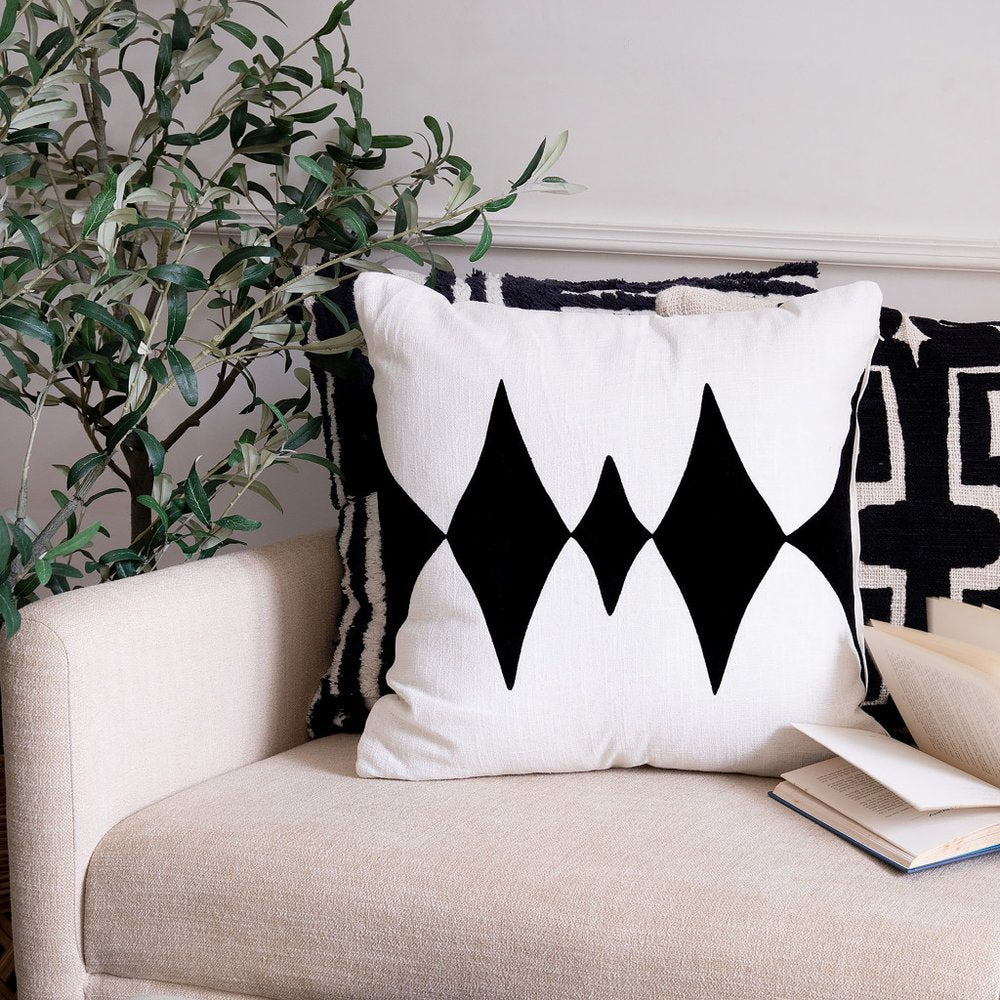 20" Onyx And White Diamond Cotton Blend Throw Pillow Cover