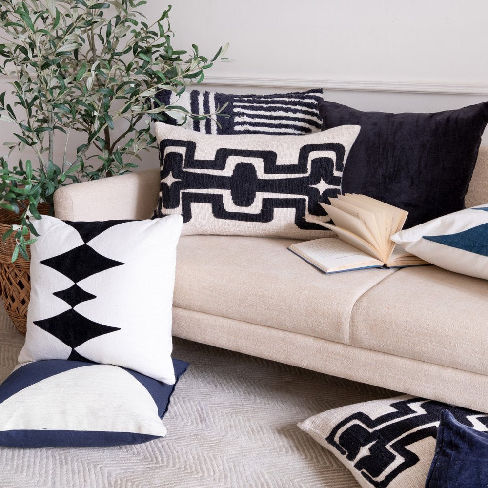 20" Onyx And White Diamond Cotton Blend Throw Pillow Cover