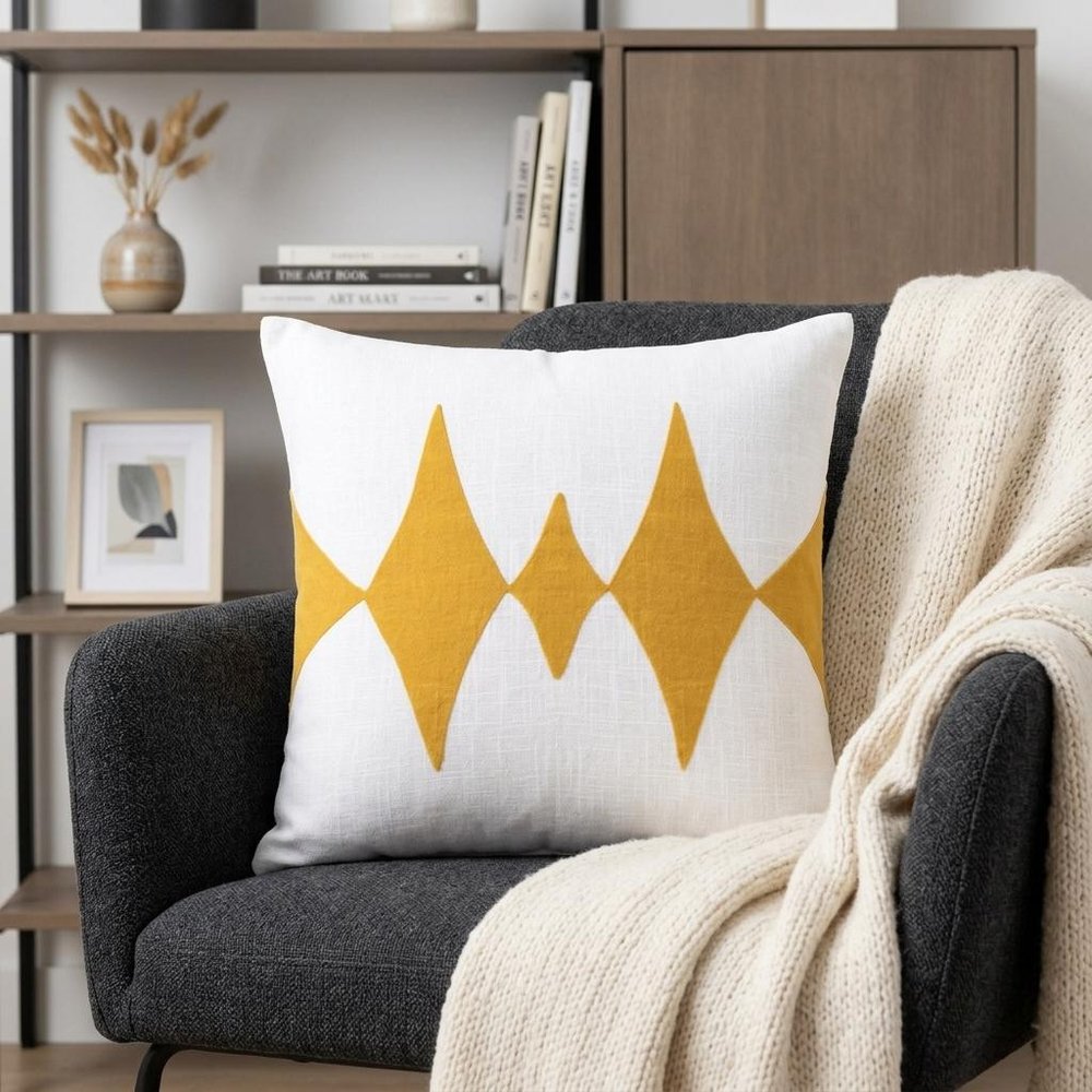 20" Ochre And White Diamond Cotton Blend Throw Pillow Cover