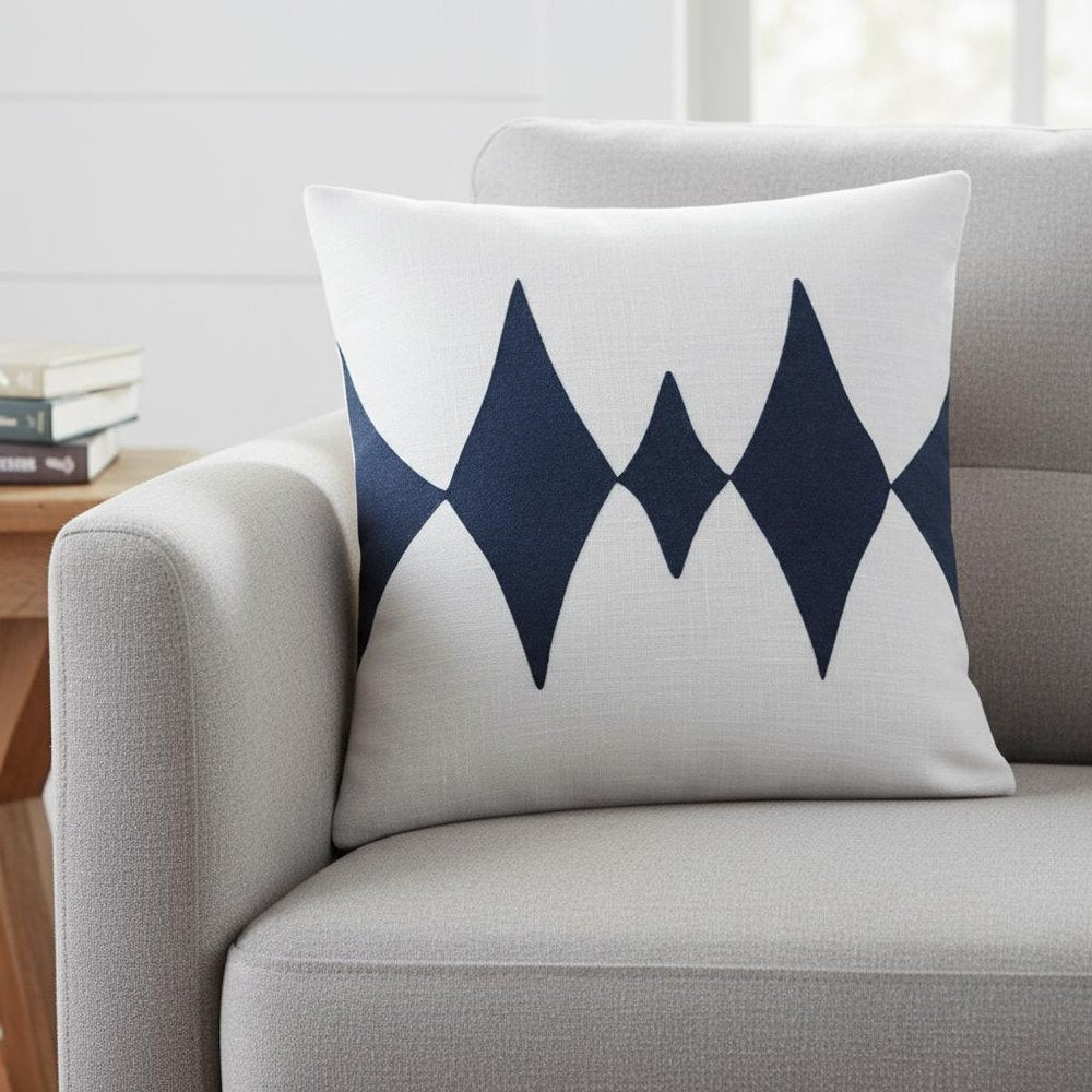 20" Blue And White Diamond Cotton Blend Throw Pillow Cover