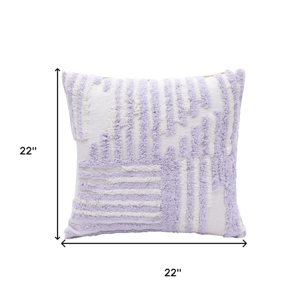 22" Lilac And White Geometric Cotton Throw Pillow Cover with Tufts
