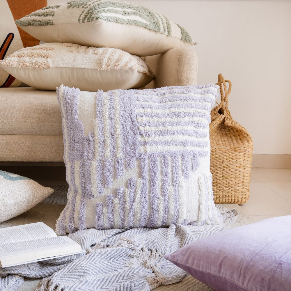 22" Purple And White Geometric Cotton Throw Pillow Cover