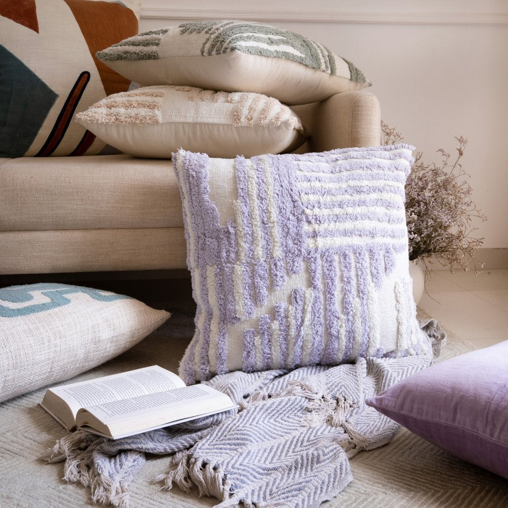 22" Purple And White Geometric Cotton Throw Pillow Cover