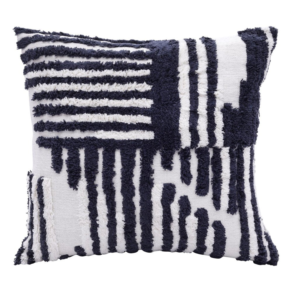 22" Blue And White Geometric Cotton Throw Pillow Cover with Tufts