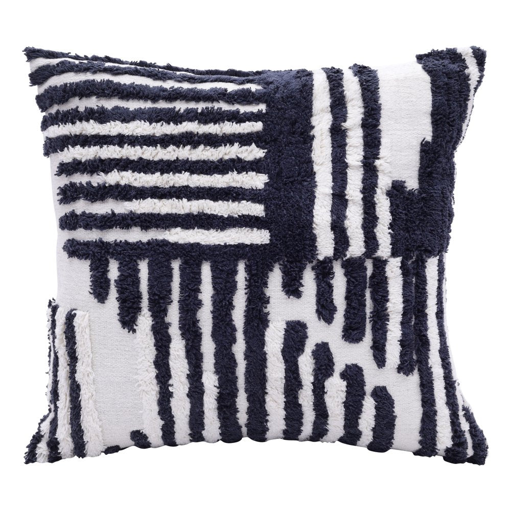 22" Blue And White Geometric Cotton Throw Pillow Cover with Tufts