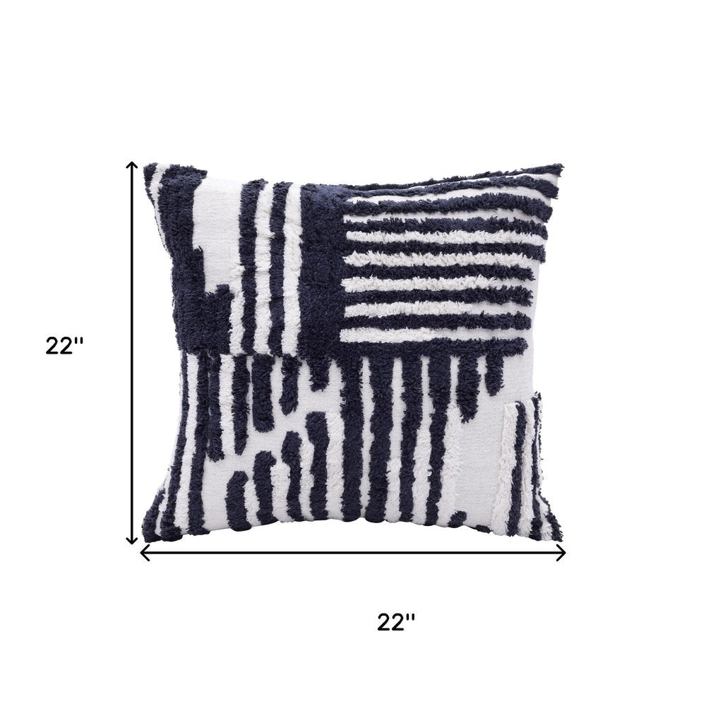 22" Blue And White Geometric Cotton Throw Pillow Cover with Tufts