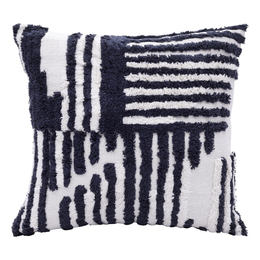 22" Blue And White Geometric Cotton Throw Pillow Cover with Tufts