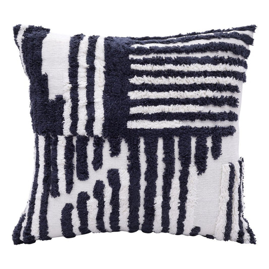 22" Blue And White Geometric Cotton Throw Pillow Cover with Tufts