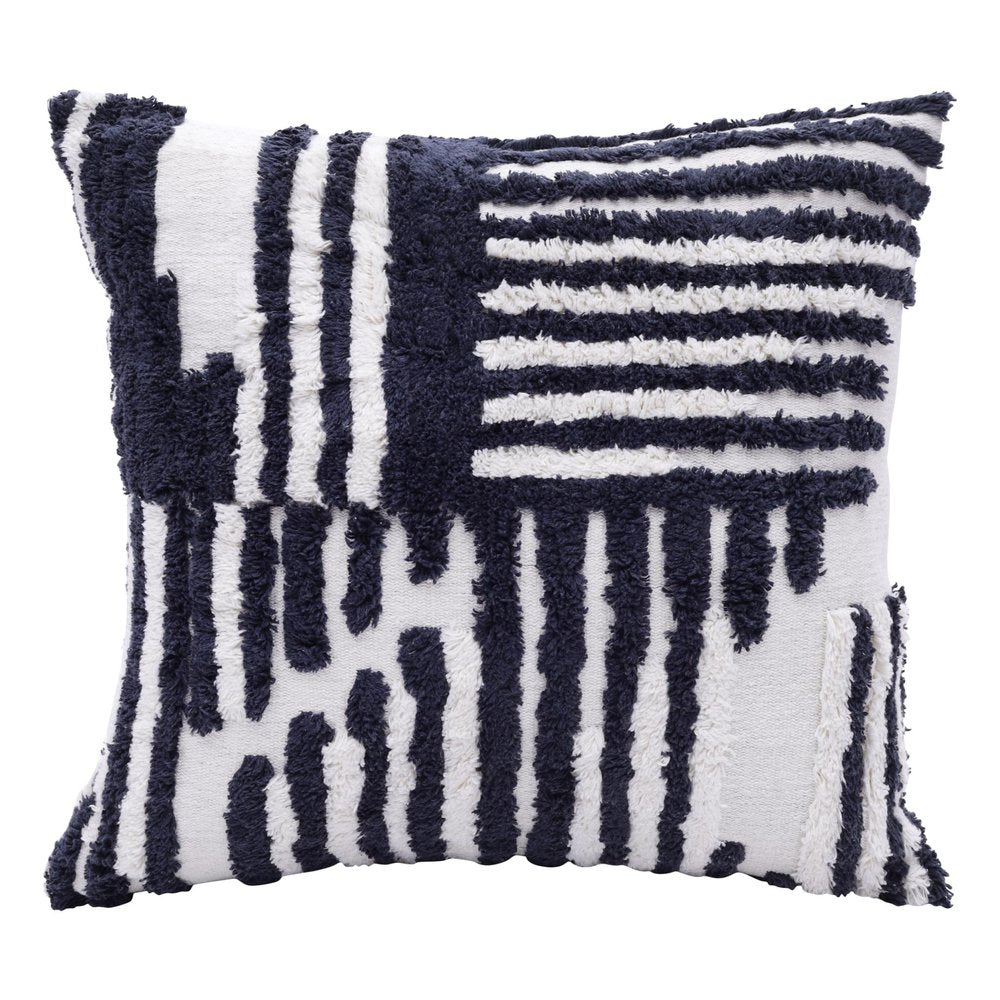 22" Blue And White Geometric Cotton Throw Pillow Cover with Tufts